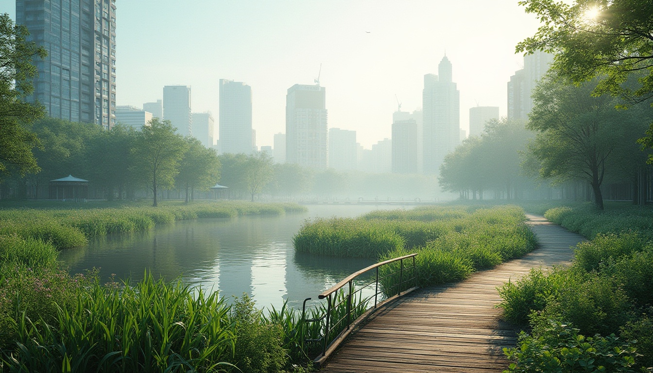 Prompt: Urban wetland, natural scenery, city skyline, modern architecture, green infrastructure, water filtration system, lush vegetation, walking path, wooden bridge, bird watching, morning fog, soft sunlight, panoramic view, 3/4 composition, shallow depth of field, vibrant colors, serene atmosphere, eco-friendly design, sustainable urban planning.