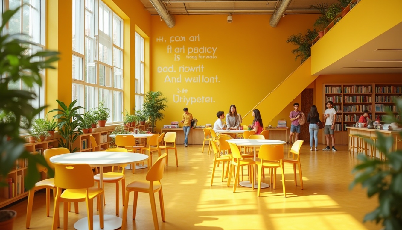 Prompt: Vibrant yellow walls, modern minimalist youth center, spacious open floor plan, circular tables with bright yellow chairs, lively atmosphere, natural light pouring in through large windows, green plants scattered throughout, inspirational quotes on walls, wooden shelves filled with colorful books, stairs leading to an upper level, bold font signage, energetic teenagers laughing and chatting, warm sunny day, shallow depth of field, soft focus background, 3/4 composition, harmonious color scheme.