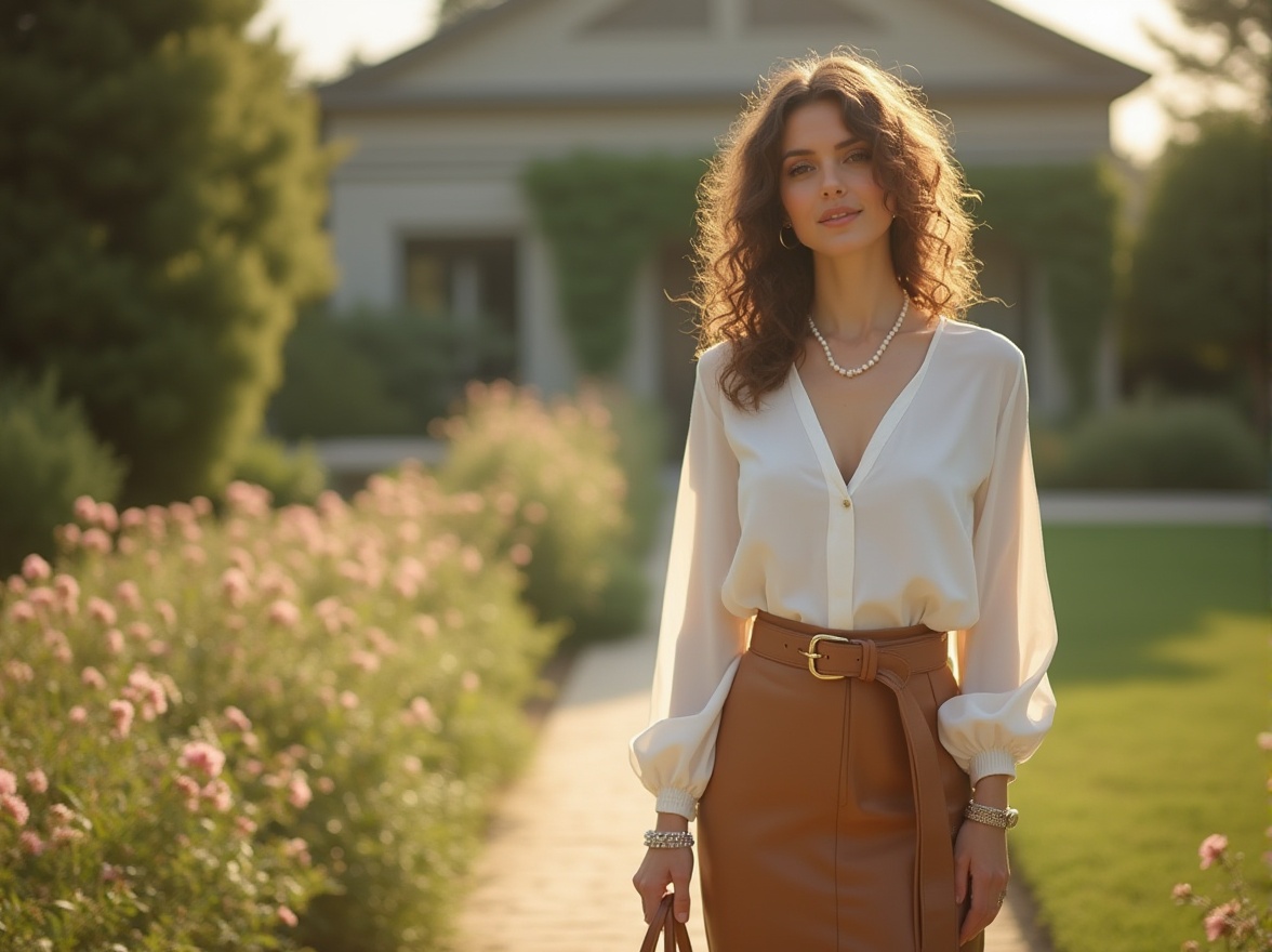 Prompt: Elegant lady, mature woman, (30yo), curly brown hair, natural makeup, pearl necklace, white blouse, high-waisted long skirt, leather belt, low heels, standing, holding a reusable bag, classic villa, garden, blooming flowers, greenery, sunny day, warm light, 3/4 composition, shallow depth of field, soft focus, filmic texture, natural ambiance.