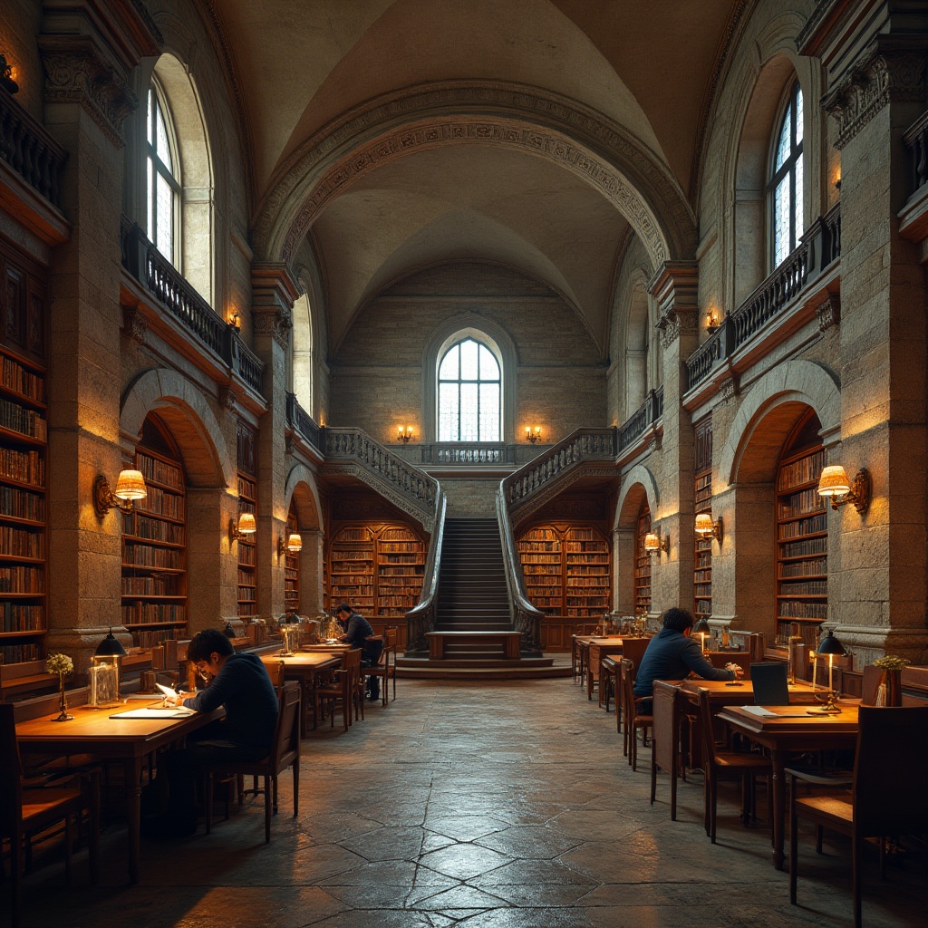 Prompt: Ancient, majestic library, masonry material, stone walls, arched windows, grand staircase, ornate columns, high ceilings, solemn atmosphere, warm lighting, bookshelves, wooden tables, comfortable chairs, readers studying, subtle texture, earthy tone, natural light, soft shadows, 3/4 composition, realistic rendering.