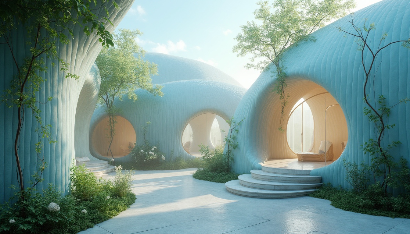 Prompt: Organic architecture, futuristic building, curves, spherical shapes, Baby Blue Fabrics, soft, silky, smooth texture, iridescent, shimmering, undulating walls, wavy rooflines, lush greenery, vines crawling up walls, natural light filtering through translucent materials, airy atmosphere, serene ambiance, gentle breeze, misty morning, dew drops on leaves, delicate petals, intricate patterns, 3/4 composition, soft focus, warm lighting, cinematic mood.