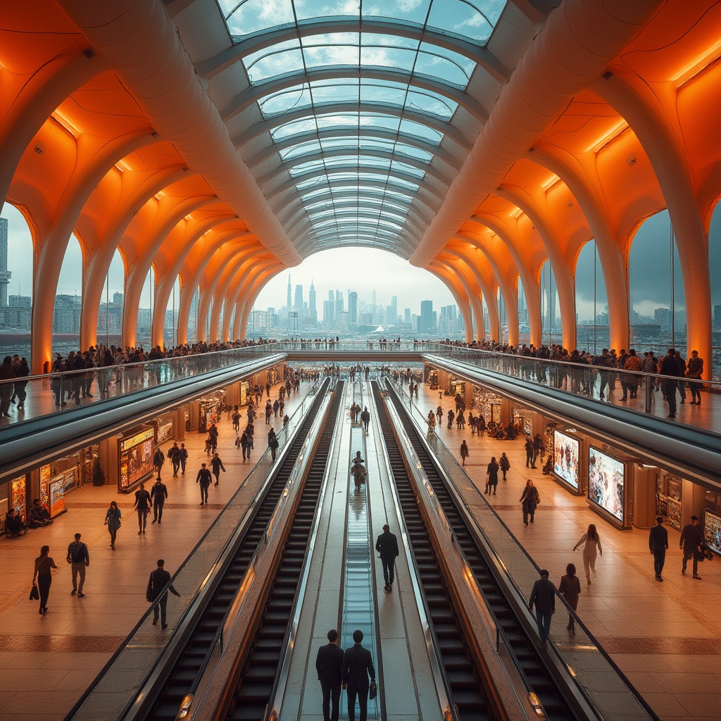 Prompt: Vibrant orange, bold color scheme, futuristic train station, sleek metallic pillars, modern LED lights, transparent glass roof, busy commuters, rushing to platforms, large digital displays, dynamic advertisements, polished marble floors, intricate network of escalators, staircases, and elevators, urban cityscape, skyscrapers in background, cloudy sky, warm afternoon light, 3/4 composition, low-angle shot, cinematic ambiance.