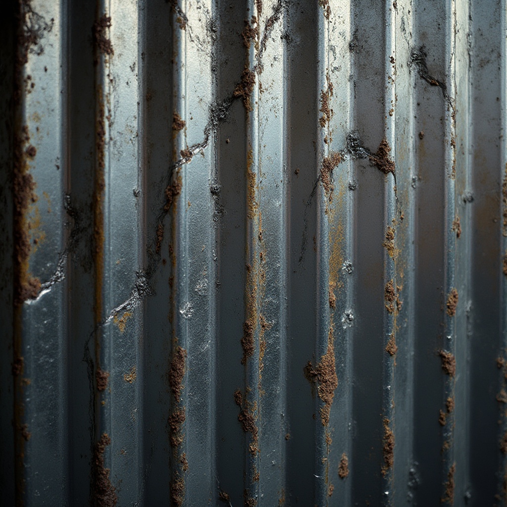 Prompt: Corrugated iron, modern design, industrial chic, urban loft, metal material, rusty texture, geometric pattern, wavy lines, silver color, reflective surface, abstract composition, close-up shot, dramatic lighting, high contrast, bold atmosphere.