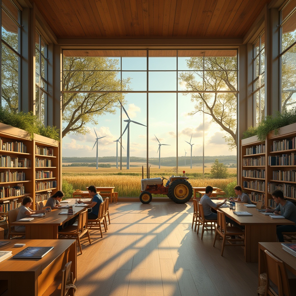 Prompt: Rural library, farmland community, modern architecture, large windows, wooden interior, comfortable seating areas, bookshelves made of natural wood, green roofs, solar panels, wind turbines nearby, wheat fields surrounding, tractor passing by, farmers reading, children playing, warm afternoon sunlight, peaceful atmosphere, 3/4 composition, shallow depth of field, soft focus on background, cinematic lighting.