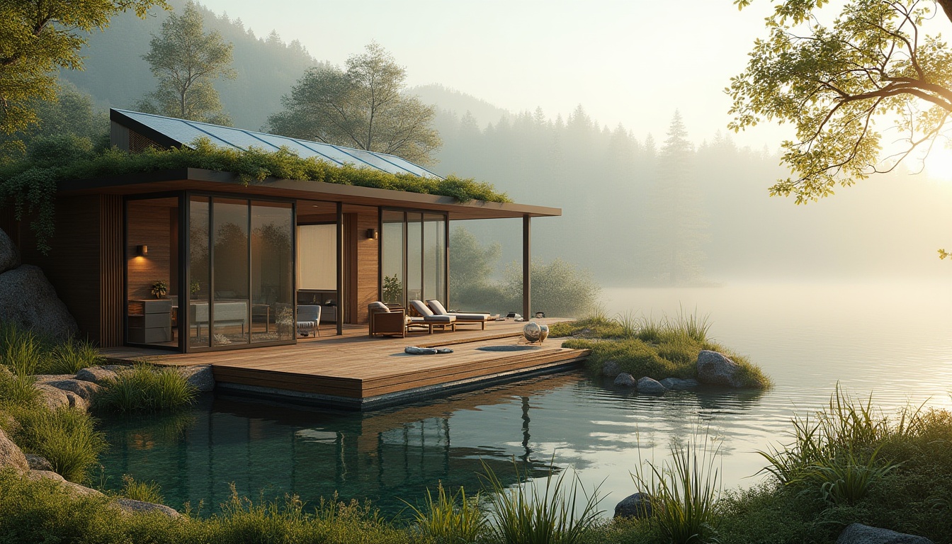 Prompt: Lakefront modern villa, eco-friendly design, large windows, minimal ornamentation, natural materials, wooden deck, solar panels, green roof, rainwater harvesting system, recycling bins, composting area, organic garden, lush vegetation, serene lake view, calm water reflection, surrounding trees, misty morning atmosphere, warm soft lighting, panoramic view, 3/4 composition, shallow depth of field, ambient occlusion.