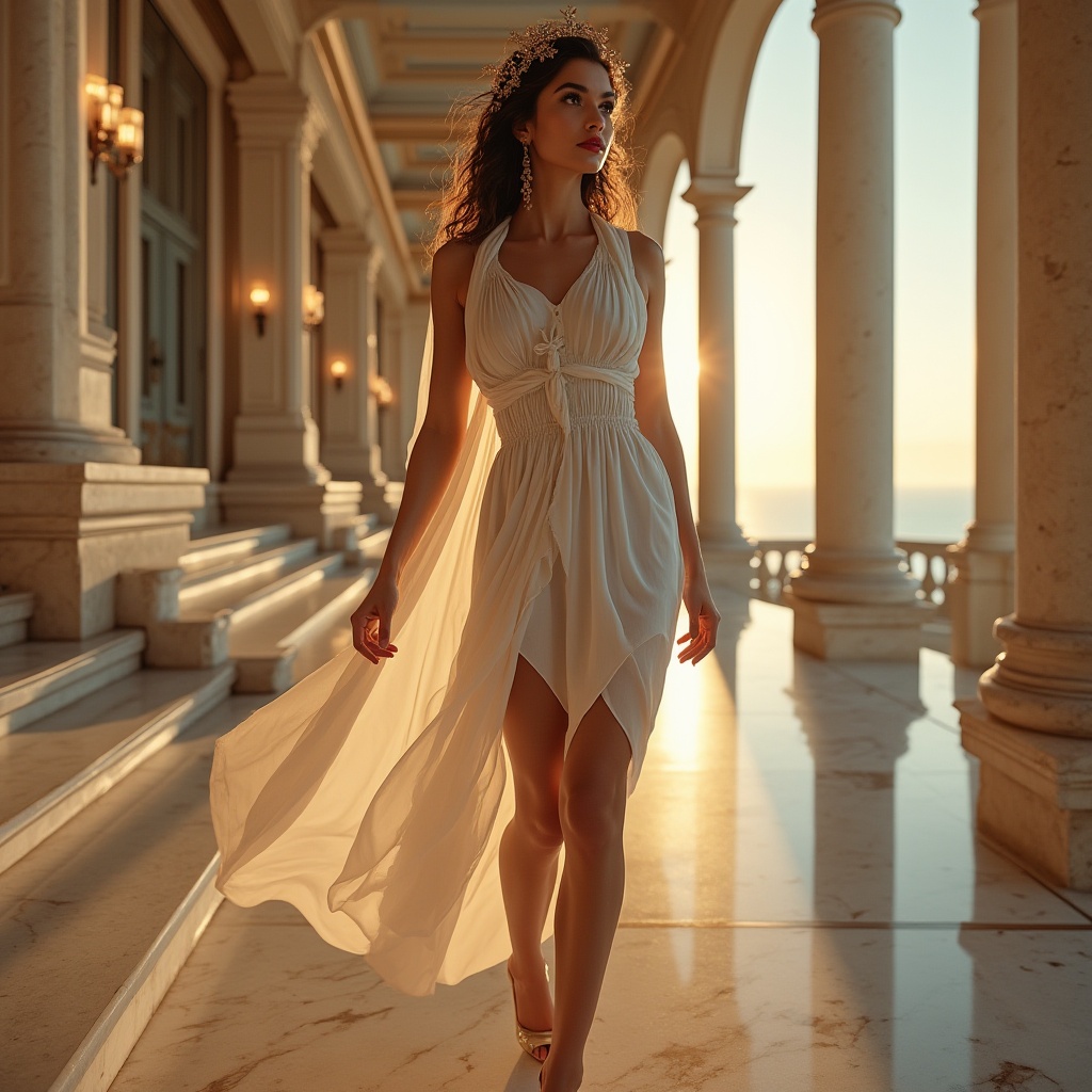 Prompt: Ancient Greek goddess, modern twist, flowing white toga, draped in intricate folds, golden laurel wreath, bold red lipstick, statement earrings, high heels, marble columns, grand staircase, ornate chandeliers, lavish villa, Mediterranean sea view, warm sunset lighting, dramatic shadows, soft focus, cinematic composition.