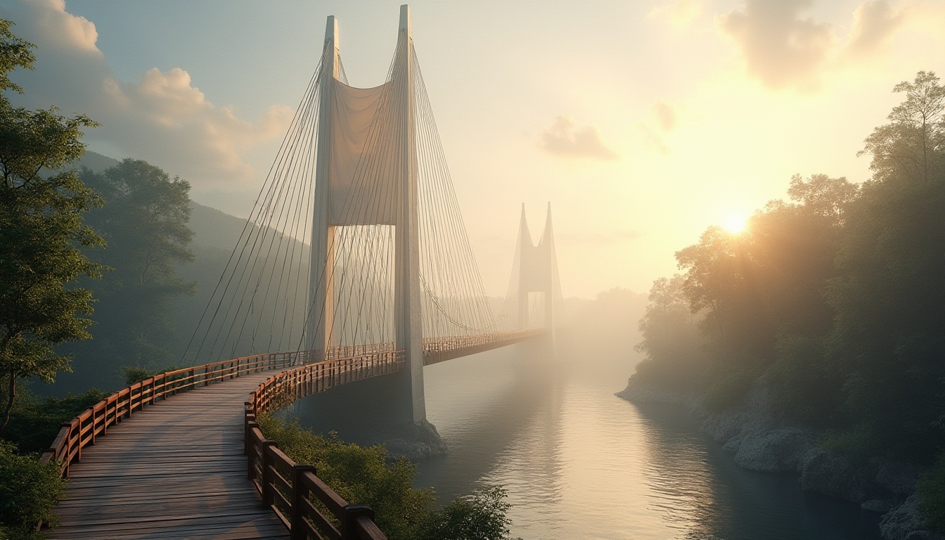 Prompt: Modern suspension bridge, incorporating fabrics, innovative architecture, steel cables, white canvas sails, billowy texture, soft lighting, misty atmosphere, river flowing underneath, lush greenery surrounding, wooden pedestrian path, gentle curve, dynamic composition, 3/4 view, warm golden hour, high contrast, cinematic mood.