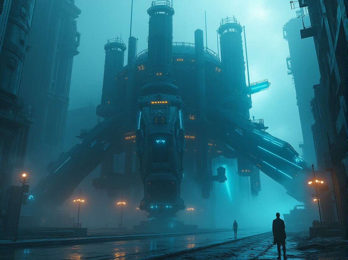 Prompt: Futuristic, sci-fi, constructivist monument, intricate metal structure, geometric shapes, neon lights, glowing blue lines, complex pipes, abstract architecture, imposing scale, grandeur, dramatic lighting, low-angle shot, atmospheric fog, misty surroundings, mysterious ambiance, abandoned futuristic cityscape, desolate landscape, eerie silence, cinematic composition, high contrast, vibrant colors, 3D rendering.