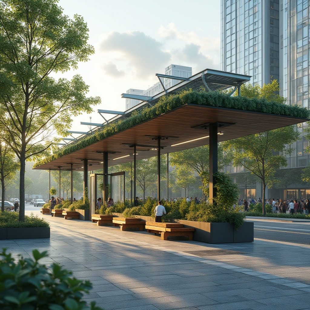 Prompt: Modern bus station, sustainable materials, eco-friendly architecture, green roof, solar panels, recycled glass facade, wooden benches, natural ventilation, abundant plants, LED lighting, minimalist design, urban setting, cityscape, busy street, morning light, soft focus, shallow depth of field, 3/4 composition, panoramic view.