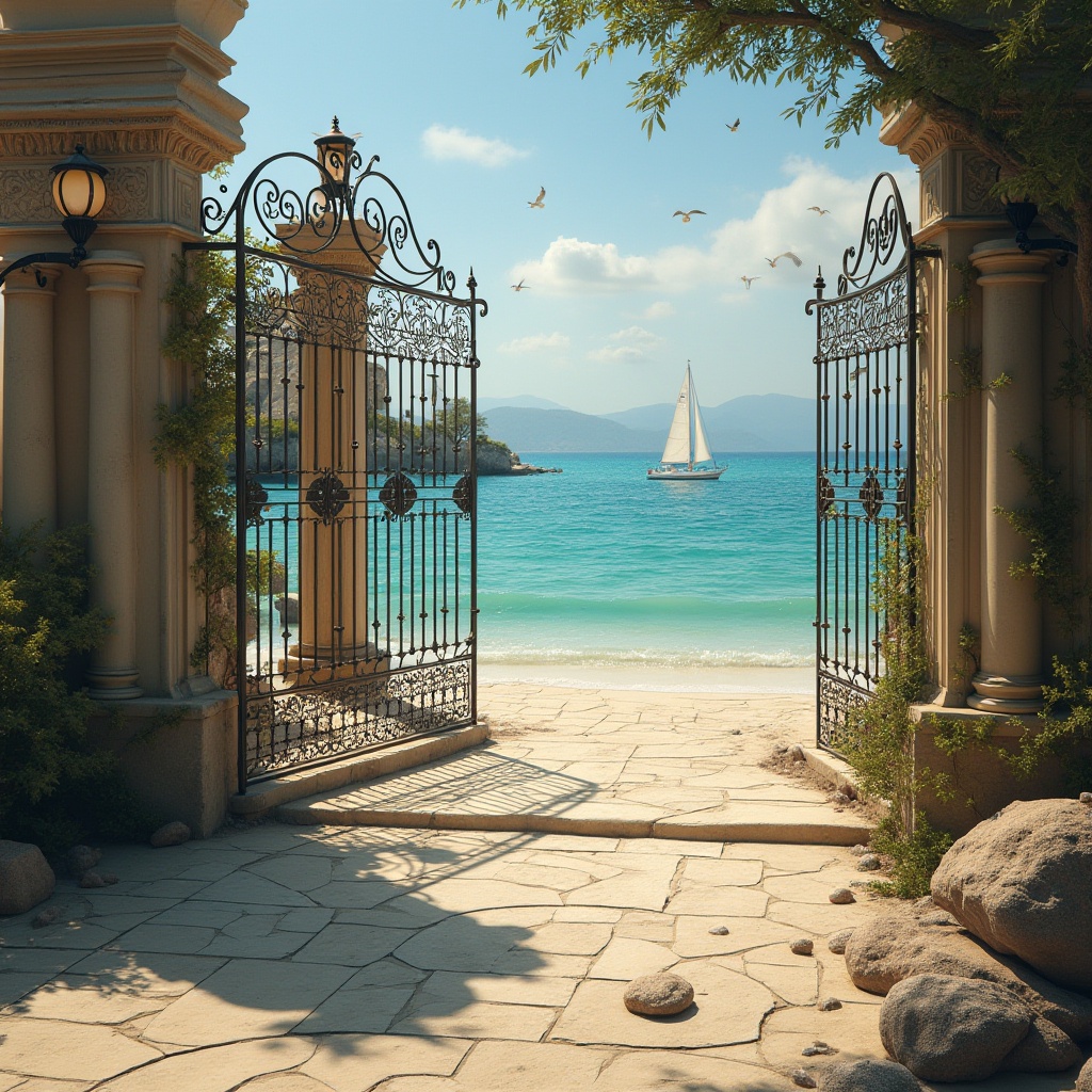 Prompt: Renaissance style beach, ornate steel gates, intricate metalwork, grandiose iron lanterns, majestic stone columns, curved staircases, lavish fountains, sandy shores, clear turquoise water, sailboats in distance, seagulls flying overhead, warm sunny day, soft golden light, cinematic composition, dramatic shadows, 3/4 angle, foreground rocks and shells, subtle mist effect.