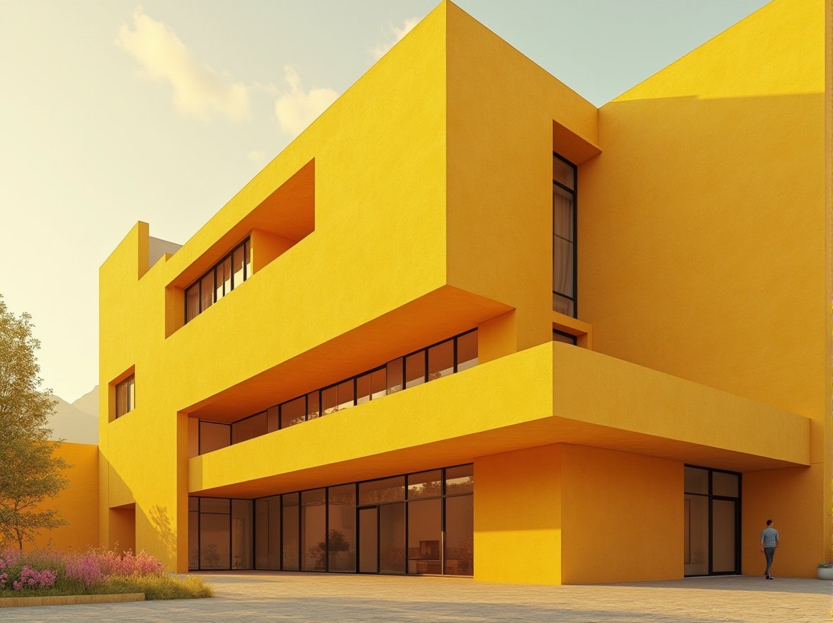 Prompt: Ocher color building, modern architecture, cityscape, urban planning, bold yellow walls, sleek glass windows, minimalist design, geometric shapes, clean lines, abstract patterns, afternoon sunlight, warm ambient lighting, low-angle shot, 3/4 composition, detailed textures, realistic rendering.