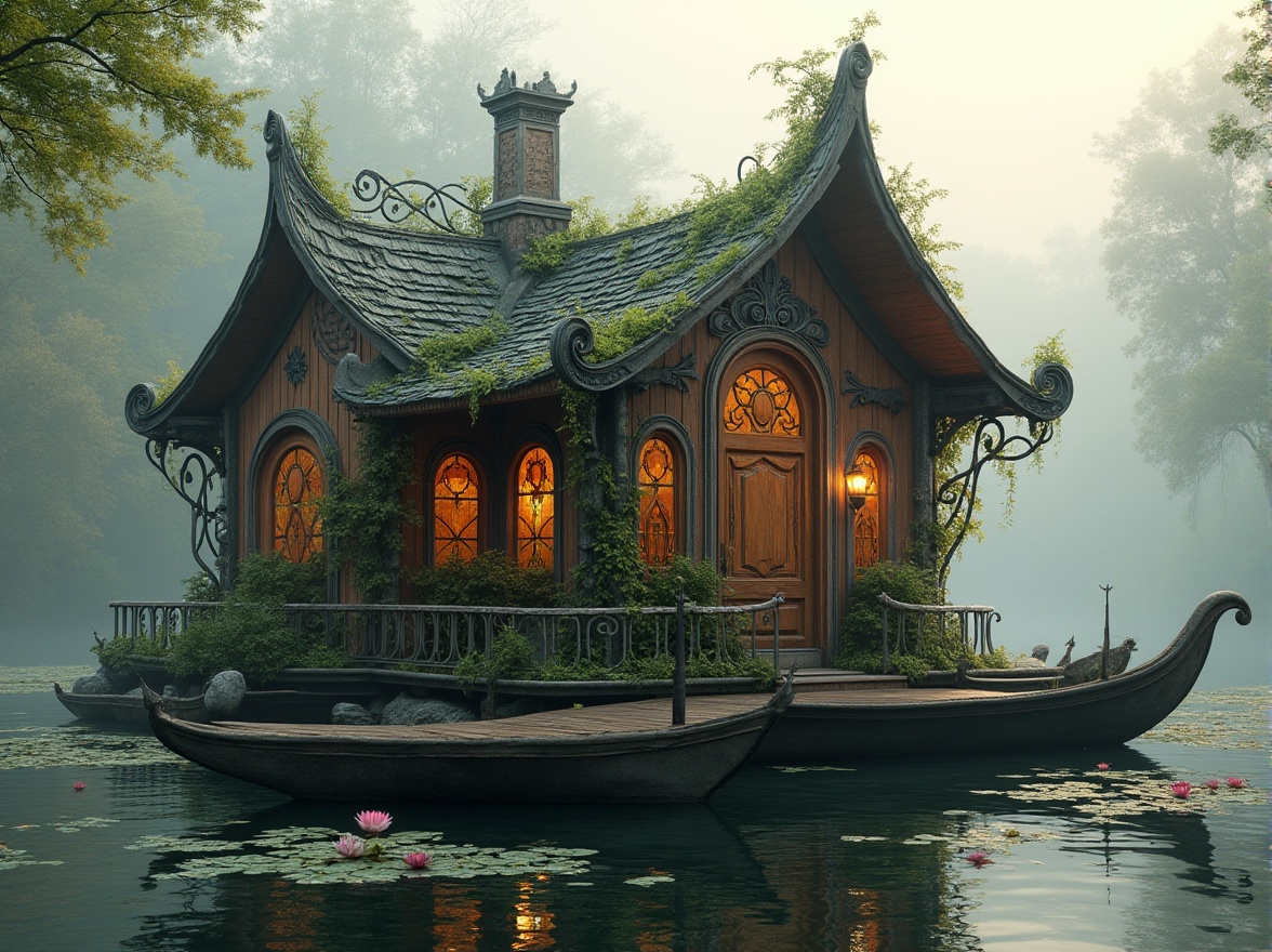 Prompt: Whimsical boathouse, Art Nouveau style, intricate ironwork, flowing curvilinear lines, organic forms, ornate decorations, stained glass windows, sinuous shapes, asymmetrical composition, natural materials, wooden planks, stone foundation, waterfront, serene lake, misty morning, soft warm lighting, lush greenery, vines crawling up walls, delicate water lilies, ripples on the lake surface.