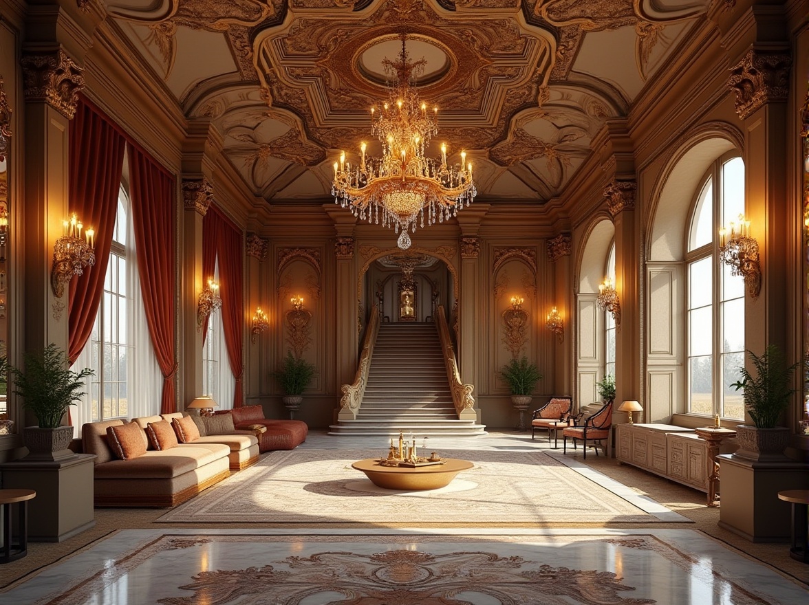 Prompt: Grand villa, luxurious interior, Renaissance style, ornate decorations, intricate carvings, high ceilings, crystal chandeliers, marble floors, velvet drapes, ornamental mirrors, lavish furnishings, wooden paneling, stone walls, grand staircase, majestic entrance, warm lighting, rich colors, golden accents, spacious rooms, cozy nooks, comfortable seating areas, soft carpeting, refined textiles, elegant atmosphere.