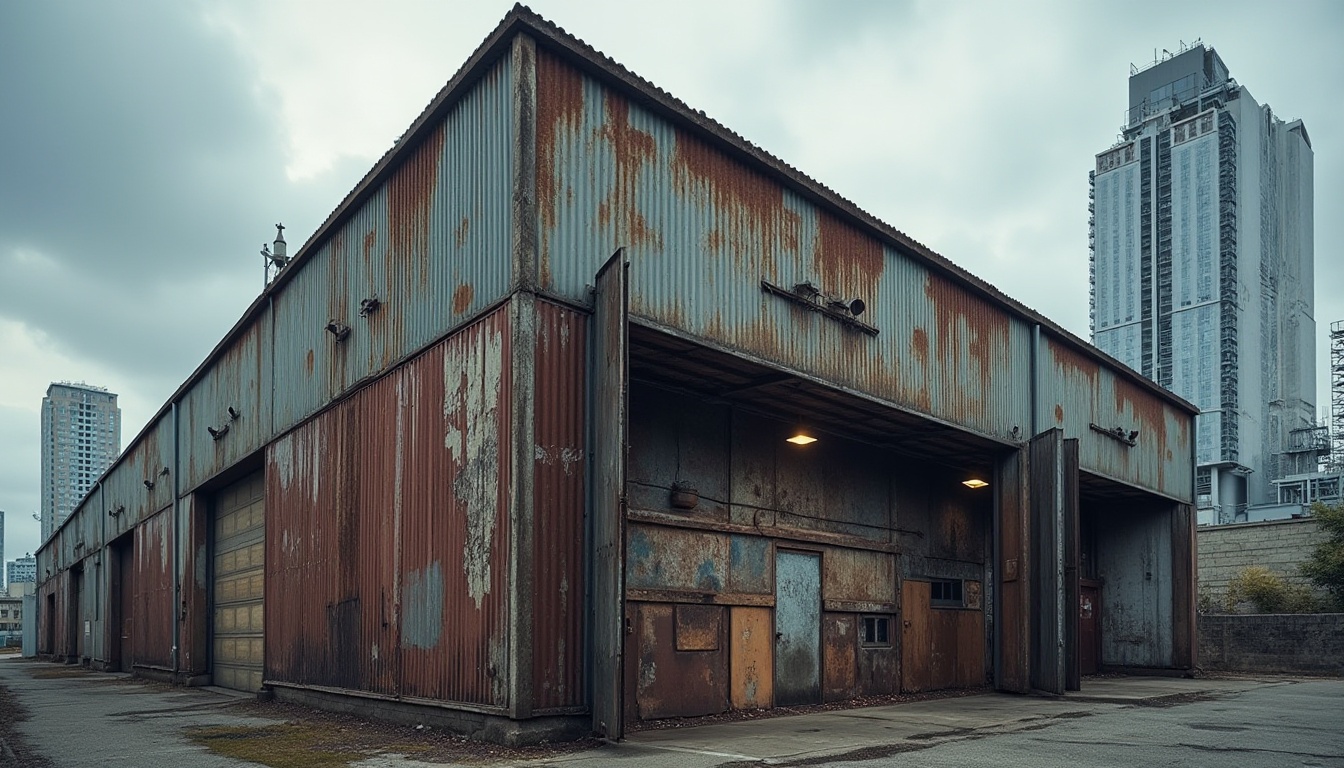 Prompt: Modern industrial building, corrugated iron walls, rustic metal texture, weathered exterior, urban cityscape, skyscraper background, cloudy sky, dramatic lighting, low-angle shot, emphasis on material, structure, and texture, realistic rendering, high-contrast colors, bold composition, architectural photography.