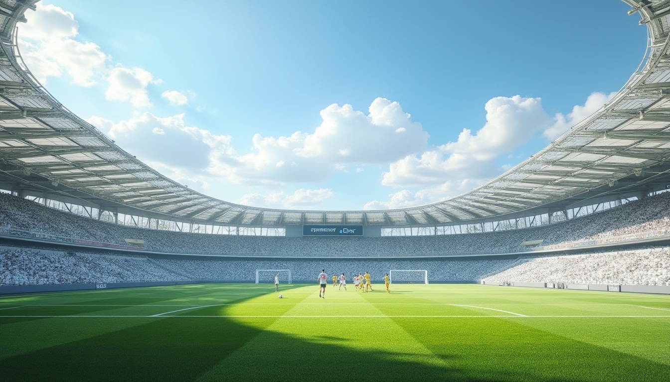 Prompt: Modern stadium, polyethylene materials, translucent roof, intricate structure, steel beams, concrete pillars, vibrant green grass, white stadium seats, athletes running, soccer ball flying, goalpost, net, referee whistle, crowd cheering, sunny day, blue sky, fluffy clouds, distant cityscape, urban landscape, 3/4 composition, soft natural lighting.