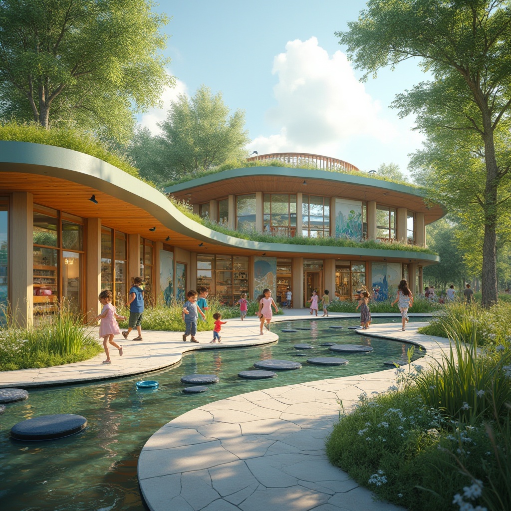 Prompt: Wetland-inspired youth center, modern eco-friendly architecture, curved lines, green roofs, solar panels, large windows, natural light, open spaces, wooden accents, vibrant colors, educational murals, interactive exhibits, kids playing, laughing, running, hands-on activities, science equipment, microscopes, plants, flowers, trees, water features, ponds, fountains, stepping stones, outdoor classrooms, nature-inspired sculptures, soft natural lighting, panoramic views, 3/4 composition, shallow depth of field.