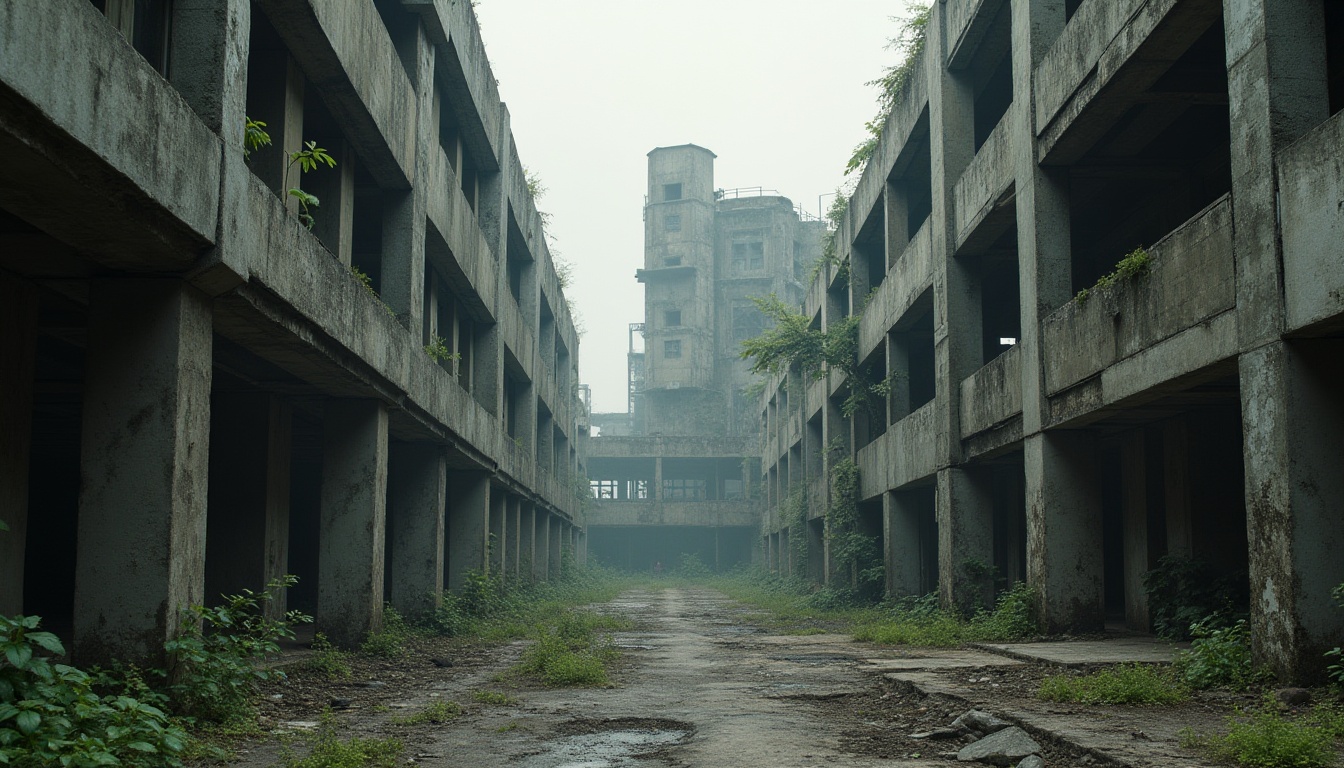 Prompt: Brutalist architecture, urban landscape, concrete jungle, industrial atmosphere, rugged textures, raw materials, geometric shapes, fortress-like buildings, narrow alleys, crumbling walls, overgrown vegetation, abandoned streets, dramatic shadows, high-contrast lighting, cinematic composition, symmetrical framing, urban decay, dystopian mood, gritty realism.