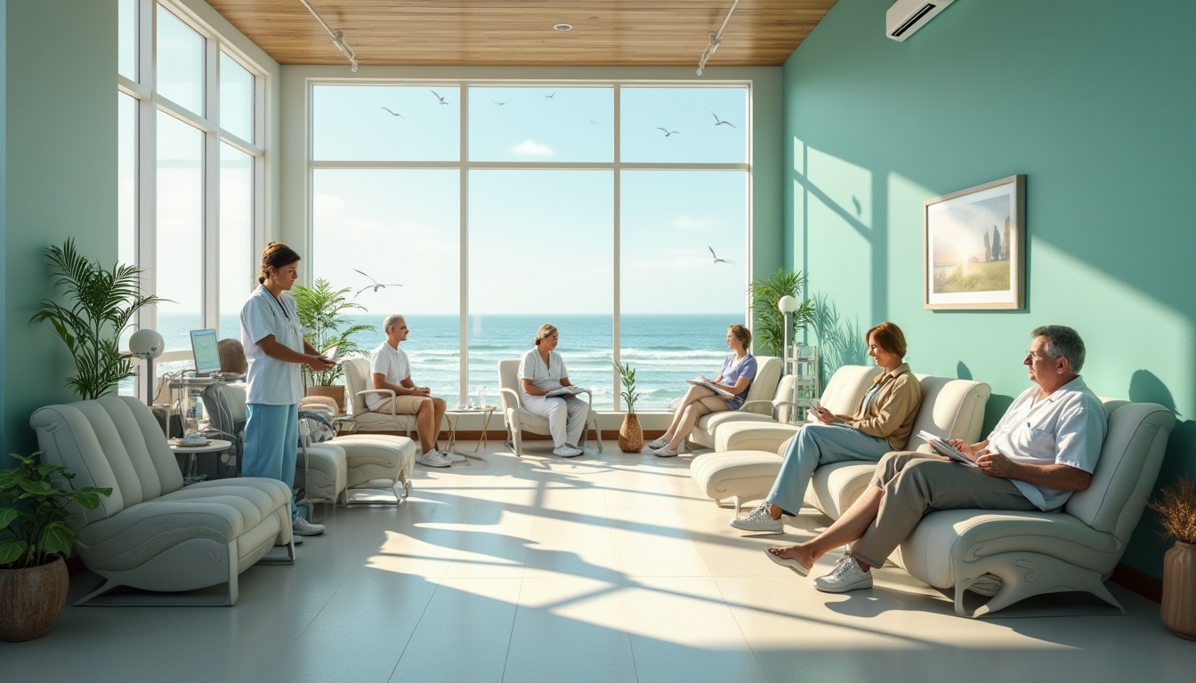 Prompt: Coastal healthcare center, large windows, ocean view, natural lighting, calming atmosphere, soothing blue tones, wave-inspired furniture, driftwood accents, sea salt air, sound of seagulls, gentle ocean breeze, green walls with plants, minimalist decor, modern medical equipment, nurse in scrubs, doctor in white coat, patients relaxing, reading, or chatting, calm facial expressions, beach-inspired artwork, soft pastel colors, serene ambiance, natural textures, organic shapes, 3/4 composition, warm lighting, shallow depth of field.