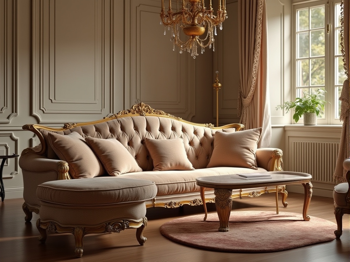 Prompt: Classic interior, luxury furniture, velvet sofa, wooden coffee table, marble top, golden metal legs, ornate frame, crystal chandelier, floor lamp, beige walls, dark hardwood floors, heavy drapery, tassel trimming, rich fabric, elegant atmosphere, afternoon soft light, warm color tone, 3/4 composition, shallow depth of field.