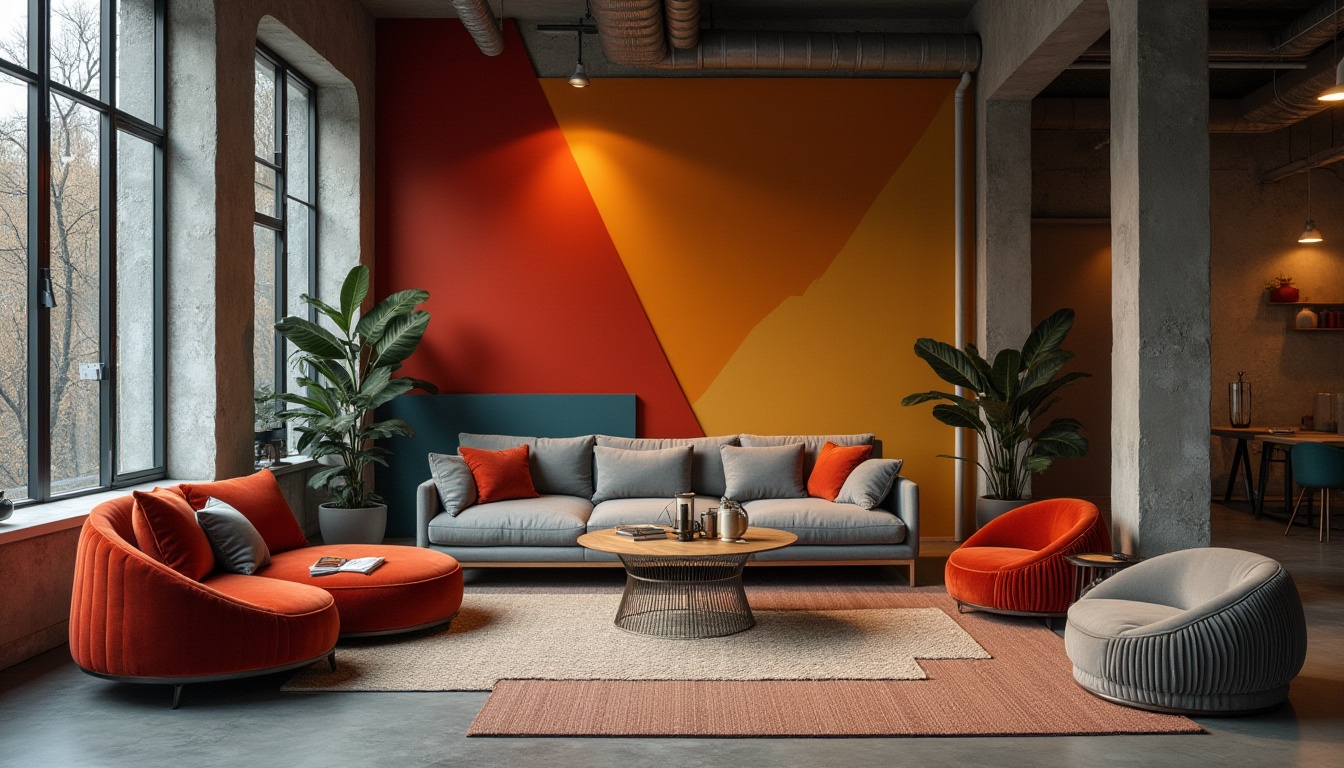 Prompt: Modern constructivist interior, abstract geometric shapes, avant-garde furniture, bold color blocking, textured fabrics, velvet upholstery, metallic accents, industrial chic lighting, exposed ductwork, polished concrete floor, brutalist architecture, 3/4 composition, low-angle shot, dramatic shadows, high-contrast lighting, urban loft atmosphere.