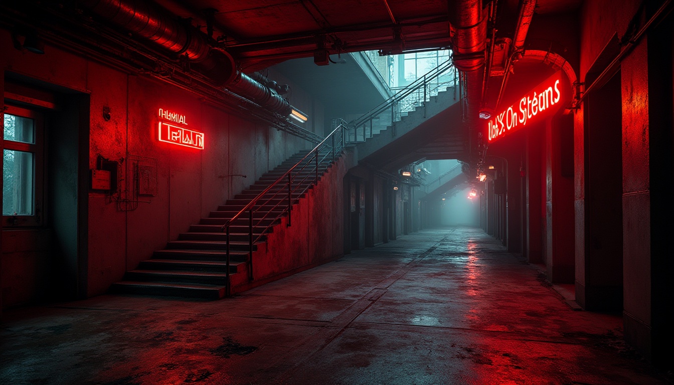 Prompt: Dark, futuristic metro station, expressionist architecture, distorted geometric shapes, abstract patterns, eerie ambiance, dim red lighting, industrial materials, exposed pipes, metallic beams, angular staircases, dramatic shadows, cinematic composition, low-angle shot, intense atmosphere, avant-garde, art nouveau influences, bold typography, urban decay, abandoned feel, distressed textures, vibrant neon signs, reflections on wet floors.