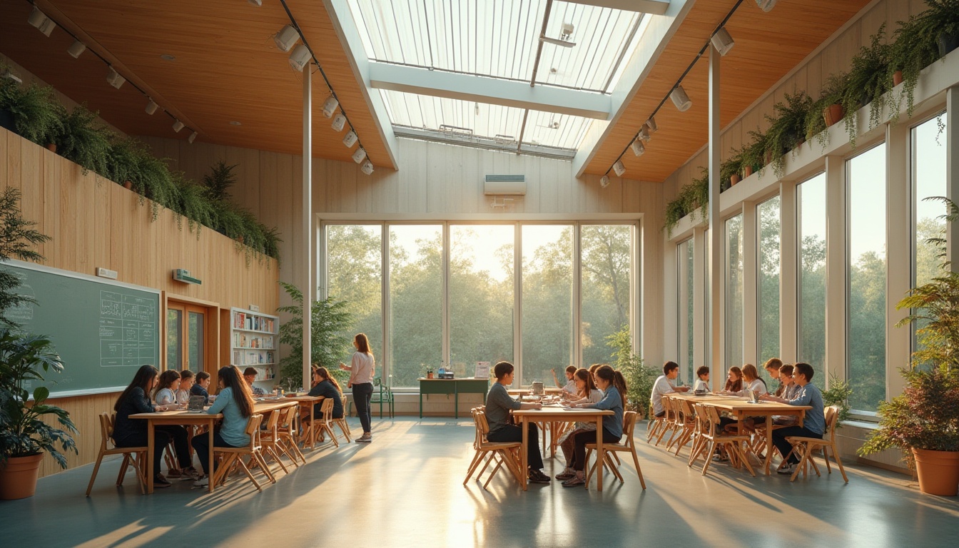 Prompt: Modern sustainable school building, Fibreglass material usage, eco-friendly architecture, green roof with solar panels, natural ventilation system, large windows for daylighting, minimalist interior design, wooden accents, recycled paper ceiling, students studying in groups, laptops and books scattered, teacher standing near whiteboard, soft warm lighting, 3/4 composition, shallow depth of field, afternoon sunlight streaming through windows, calm atmosphere, educational setting, subtle color palette.