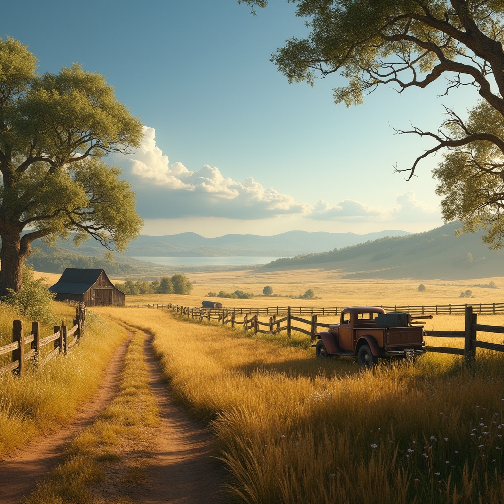 Prompt: Rural landscape, cinematic composition, rolling hills, vast fields of golden wheat, rustic wooden fences, old oak trees with twisted branches, a serene lake in the distance, few puffy white clouds in the blue sky, warm soft lighting, shallow depth of field, misty atmosphere, peaceful ambiance, a winding dirt path disappearing into the horizon, vintage pickup truck parked beside a barn, wildflowers blooming along the roadside, gentle breeze rustling the wheat, 3/4 composition, panoramic view.