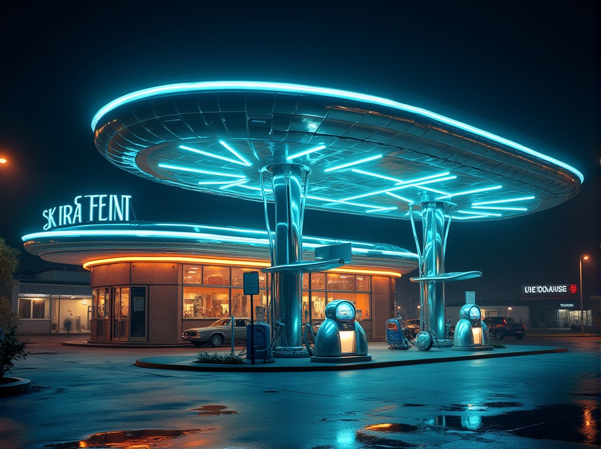 Prompt: Streamline Moderne style gas station, retro-futuristic architecture, curved lines, neon lights, metallic materials, chrome accents, futuristic pumps, glowing blue and orange hues, sleek canopy, geometric patterns, urban cityscape, night time, dramatic lighting, low-angle shot, cinematic composition, 3/4 view, detailed reflections, high-contrast colors, Art Deco influences.