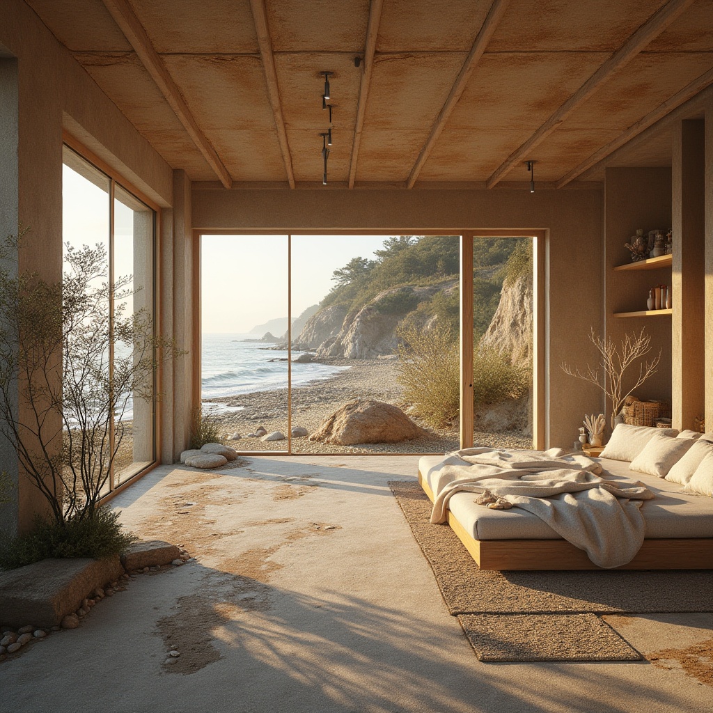 Prompt: Muddy coastline, eco-friendly architecture, sustainable design, modern villa, large windows, minimalistic interior, wooden accents, natural textures, earthy tone colors, mud-brick walls, recycled materials, beachside, ocean view, driftwood decorations, seashells, pebbles, soft morning light, warm ambient atmosphere, 3/4 composition, shallow depth of field.