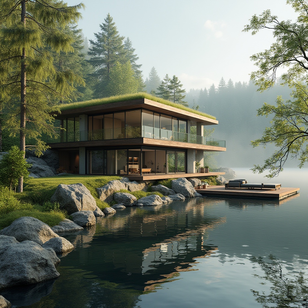 Prompt: Lakefront modern villa, sustainable practices, eco-friendly design, large windows, minimal carbon footprint, solar panels, green roof, recycled materials, wooden deck, lake views, serene atmosphere, morning mist, calm water reflections, surrounding lush forest, tall trees, natural stone walls, minimalist interior, energy-efficient appliances, living room with floor-to-ceiling glass, sectional sofa, potted plants, soft morning light, panoramic view, 3/4 composition, natural textures.