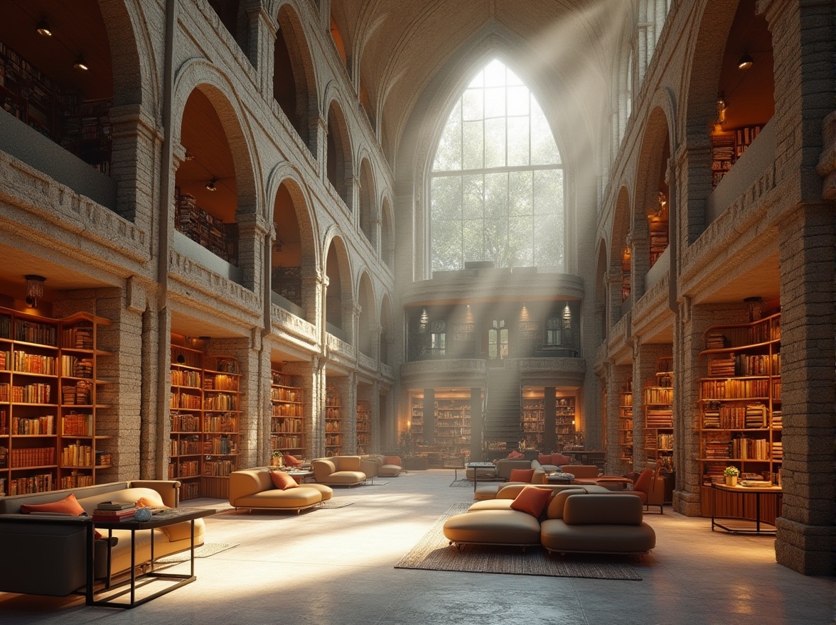 Prompt: Masonry material, library interior, modern architecture, grand atrium, high ceiling, natural light pouring in, stone columns, arches, intricate carvings, wooden shelves, books stacked horizontally, ladder reaching top shelf, reading area, comfortable sofas, coffee tables, warm lighting, cozy atmosphere, morning sunbeams, gentle shadows, 3/4 composition, soft focus, realistic texture, ambient occlusion.