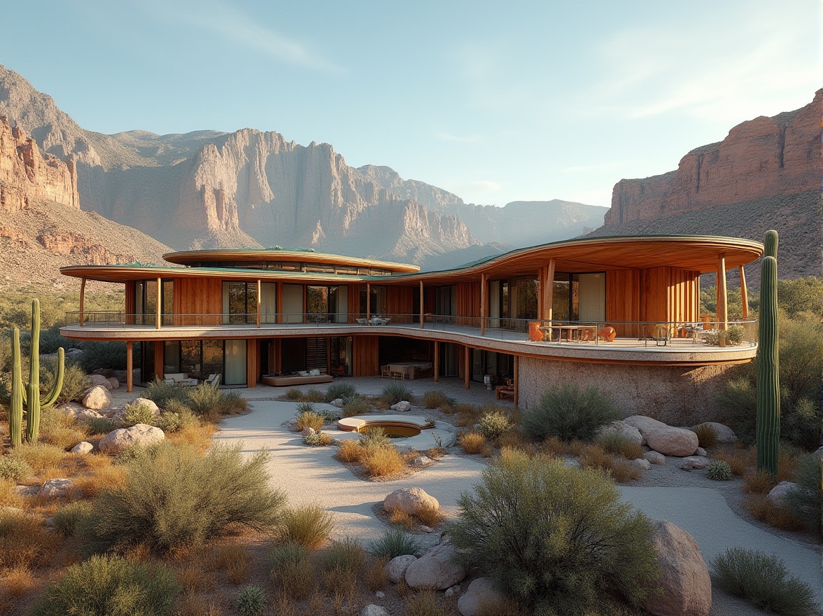 Prompt: Canyon architecture, adapting to climate, modern earthy tone, curved lines, natural materials, stone walls, wooden beams, green roofs, solar panels, large windows, panoramic view, desert landscape, canyon backdrop, cacti, rocky cliffs, blue sky, warm sunlight, dramatic shadows, 3/4 composition, cinematic lighting.