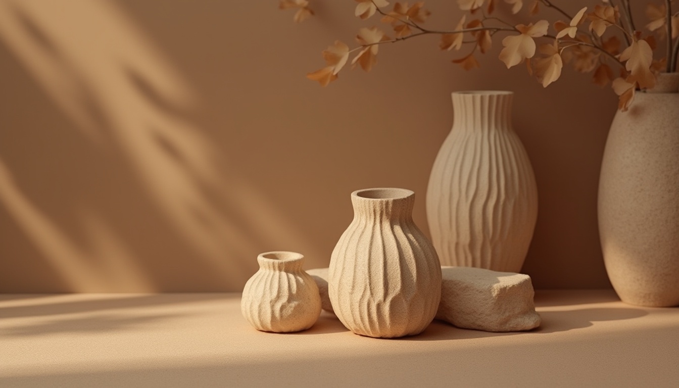 Prompt: Sand-casted material, design element, luxurious feel, rough texture, earthy tone, natural ambiance, warm color palette, interior decor, modern furniture, vase, sculpture, abstract shape, minimalist background, softbox lighting, 3/4 composition, shallow depth of field, cinematic mood, elegant atmosphere.