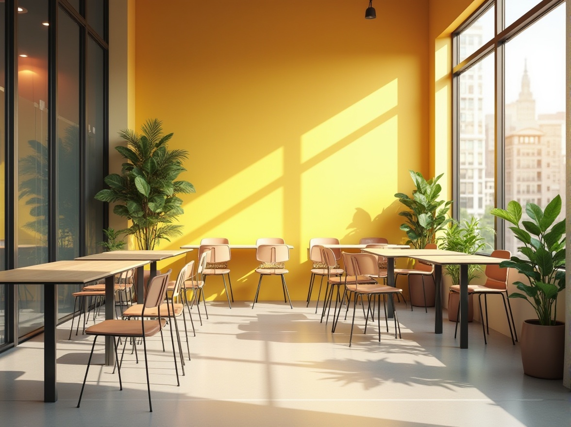 Prompt: Commercial space, modern interior design, light yellow accent wall, bright atmosphere, minimalist furniture, metal frame chairs, wooden tables, potted green plants, floor-to-ceiling windows, natural light, urban cityscape view, 3/4 composition, shallow depth of field, warm softbox lighting, morning sunlight, inviting ambiance.