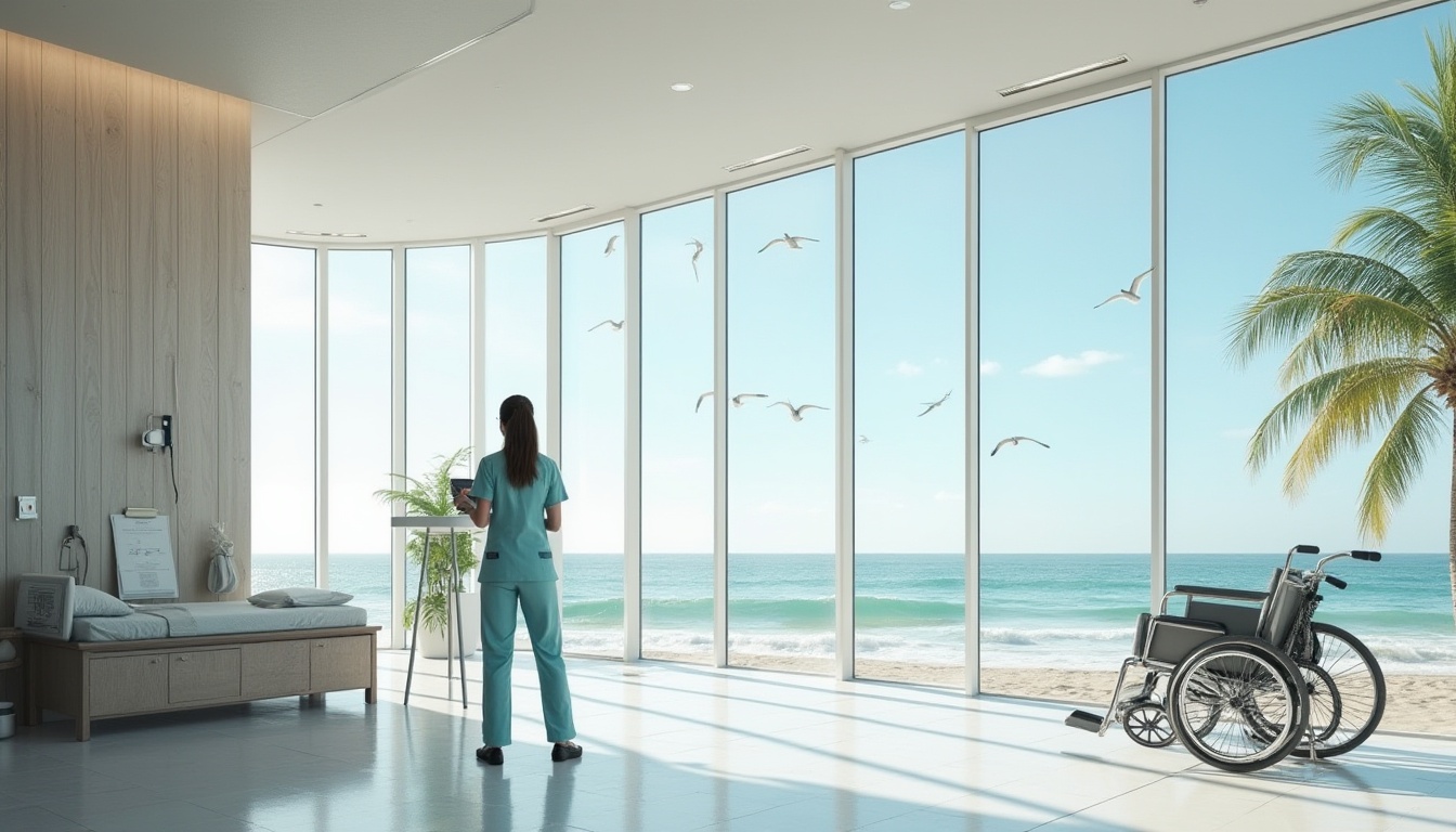 Prompt: Coastal healthcare center, modern architecture, white walls, large windows, ocean view, Chukum material, wooden texture, natural light, 3/4 composition, soft focus, serene atmosphere, nurse uniform, stethoscope, medical chart, hospital bed, wheelchair, ocean waves, seagulls flying overhead, sunny day, clear blue sky, beach in the distance, palm trees swaying gently.