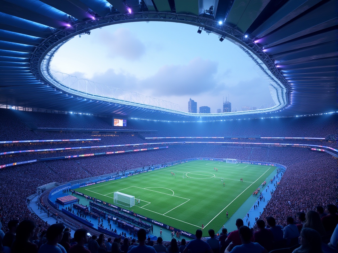 Prompt: Modern stadium, blue violet accents, sleek lines, futuristic architecture, metallic materials, glossy finish, vibrant LED lights, dynamic atmosphere, panoramic view, aerial shot, low-angle composition, dramatic lighting, evening time, crowd of excited spectators, soccer players in action, grass field, goalposts, scoreboard, urban cityscape in the background, misty fog effect, 3D modeling, hyper-realistic details.