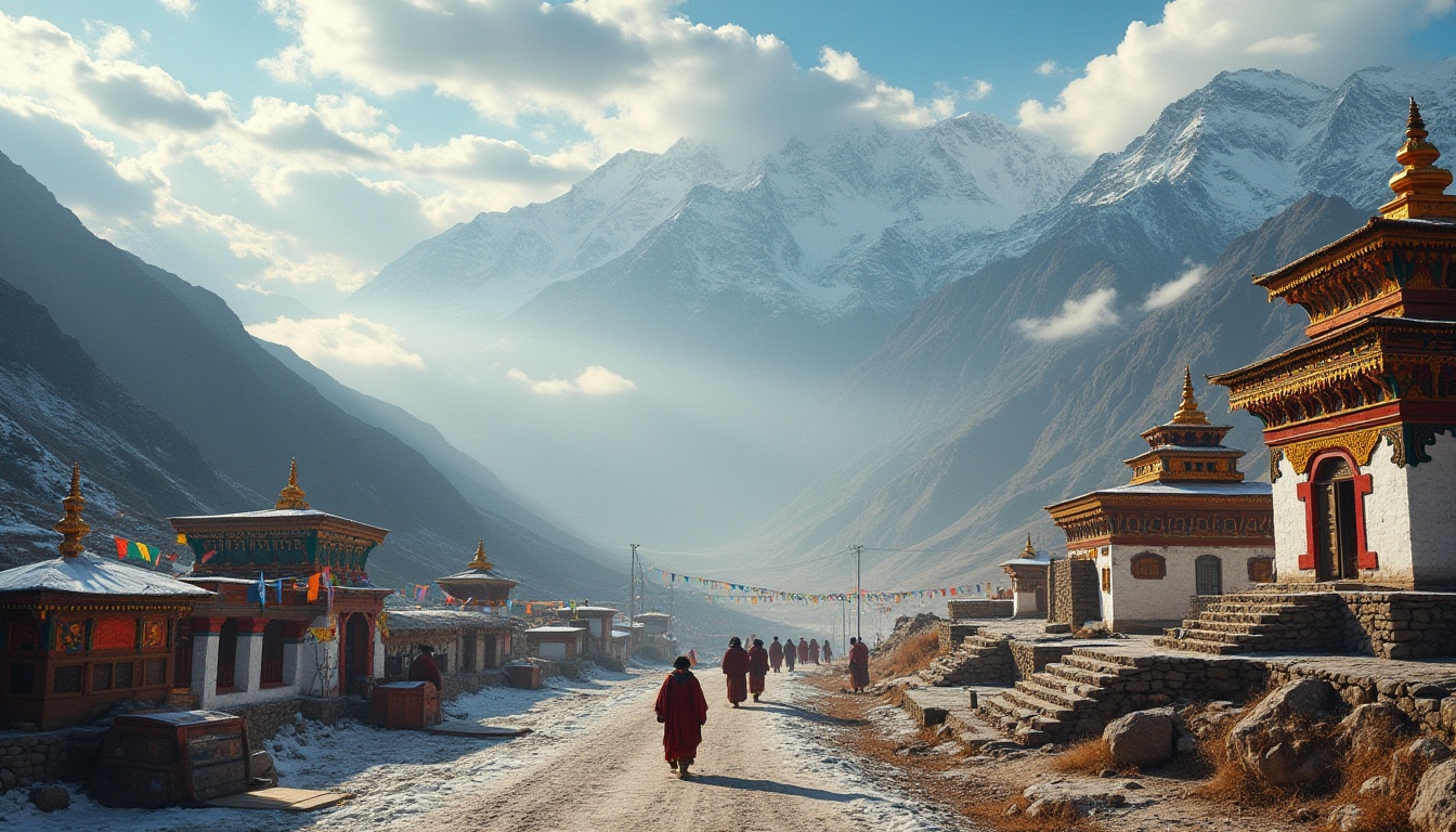 Prompt: High-altitude plateau, Tibetan-style architecture, traditional ethnic clothing, vibrant prayer flags, snowy mountain range, foggy atmosphere, misty dawn, dramatic clouds, steep cliffs, winding dirt roads, Buddhist temples, intricate wood carvings, colorful murals, golden roof ornaments, sacred ritual items, yak herds, nomadic tribespeople, warm lighting, cinematic composition, 3/4 angle shot.