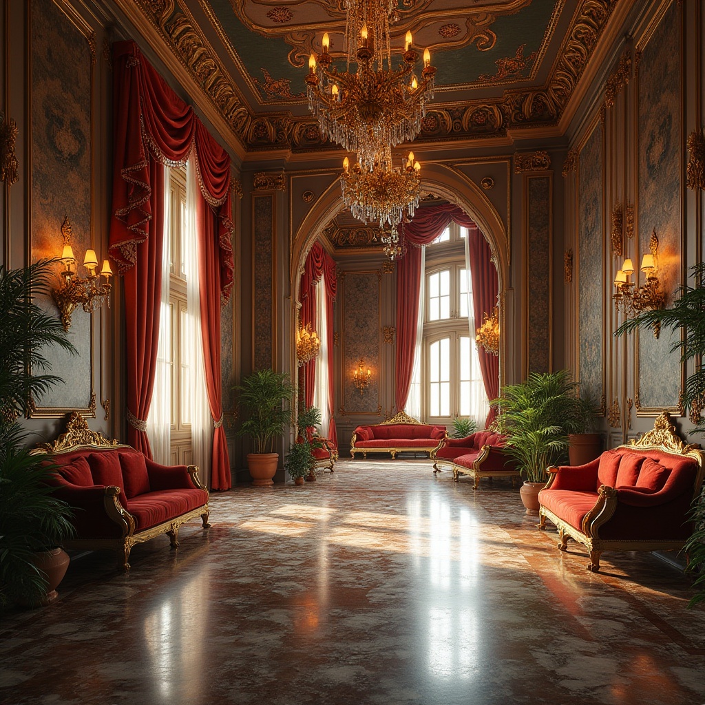 Prompt: Renaissance-style interior, luxurious villa, ornate details, marble floors, high ceilings, grand chandeliers, lavish furnishings, velvet sofas, wooden paneling, intricate carvings, gilded frames, Baroque patterns, rich tapestries, floor-to-ceiling windows, dramatic drapery, opulent lighting, warm color palette, 3/4 composition, low-angle shot, softbox lighting, cinematic ambiance.