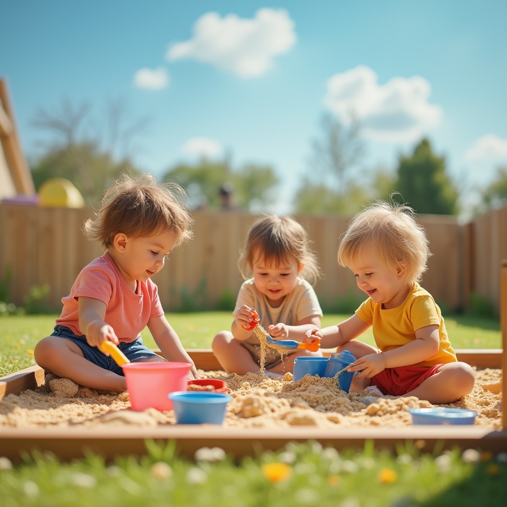 Prompt: Kindergarten playground, sandbox area, vibrant colorful play equipment, kids aged 3-5, smiling faces, messy hair, casual clothes, buckets and shovels, building sandcastles, pouring sand, sensory play, warm sunny day, blue sky with few white clouds, gentle breeze, natural wood fences, green grass, tiny flowers, educational toys scattered around, soft focus on kids' hands, shallow depth of field, childlike composition, warm ambient lighting.