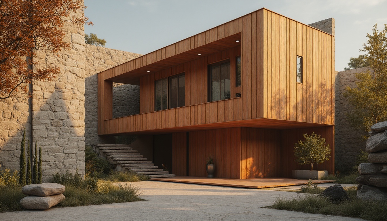 Prompt: Brown color, modern architecture, building facade, earthy tone, natural material, wooden texture, stone wall, brutalist structure, urban landscape, cityscape, morning sunlight, warm ambient lighting, low-angle shot, 3/4 composition, depth of field, realistic rendering.