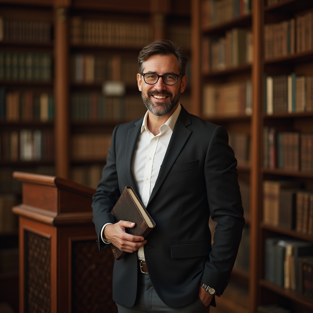 Prompt: Sophisticated professor, middle-aged, glasses, short brown hair, subtle beard, elegant smile, blazer, white dress shirt, dark grey trousers, leather shoes, classic watch, holding a book, standing in front of a wooden podium, University library, tall shelves filled with books, warm lighting, soft focus, 3/4 composition, shallow depth of field, cinematic mood, afternoon atmosphere.