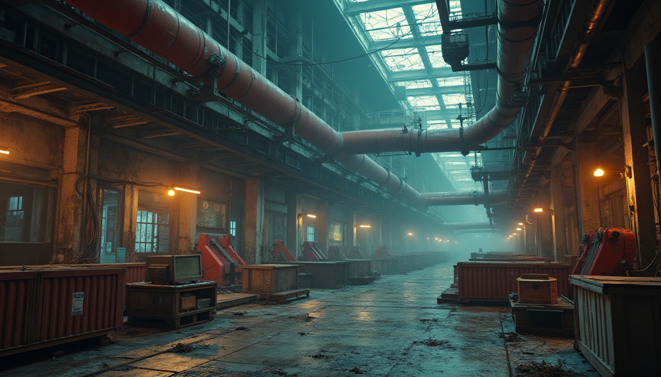 Prompt: Deconstructivist architecture, brutalist concrete, rusty metal beams, neon lights, industrial pipes, futuristic robots, shipping containers, pallets, crates, complex network of conveyor belts, pulleys, and chains, eerie atmospheric lighting, misty fog, abandoned factory feel, retro-futuristic, 3D printed machines, metallic sounds, old computers, wires, motherboards, dusty air, urban decay, metropolitan backdrop, low-angle shot, high-contrast lighting, cinematic composition.