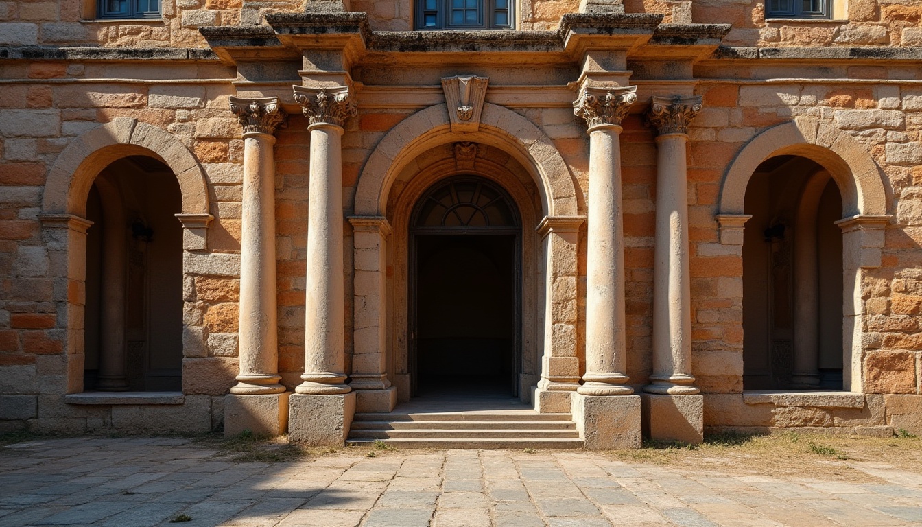 Prompt: Classic architecture, brick material, rustic texture, warm color tone, ornate details, grand entrance, Romanesque columns, symmetrical composition, natural lighting, afternoon sun, subtle shadows, rich history, vintage atmosphere, old European style, worn-out edges, rough surface, earthy smell, nostalgic feeling.