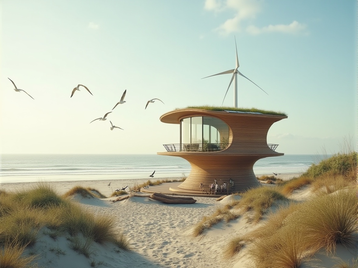 Prompt: Sustainable, eco-friendly, modern watching tower, coastal scenery, beachside, wooden structure, solar panels, wind turbines, green roof, recyclable materials, minimal waste, energy-efficient, curved lines, minimalistic design, panoramic ocean view, seagulls flying overhead, sandy dunes, beach vegetation, driftwood, warm sunlight, gentle sea breeze, soft focus, natural colors, 3/4 composition, atmospheric perspective, cinematic lighting.