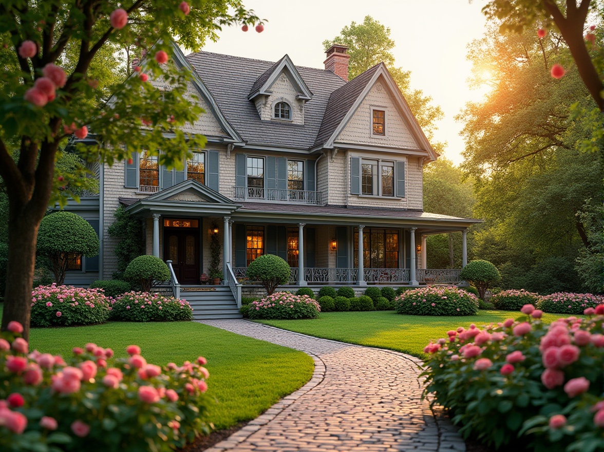 Prompt: Classic homes, landscaping ideas, beautiful gardens, vibrant flowers, lush greenery, symmetrical lawns, brick walkways, Victorian-era inspiration, ornate iron gates, blooming rose bushes, topiary trees, manicured hedges, cobblestone paths, garden benches, lanterns, warm sunset lighting, soft focus, natural colors, elegant composition, 3/4 view, depth of field, warm ambient light.