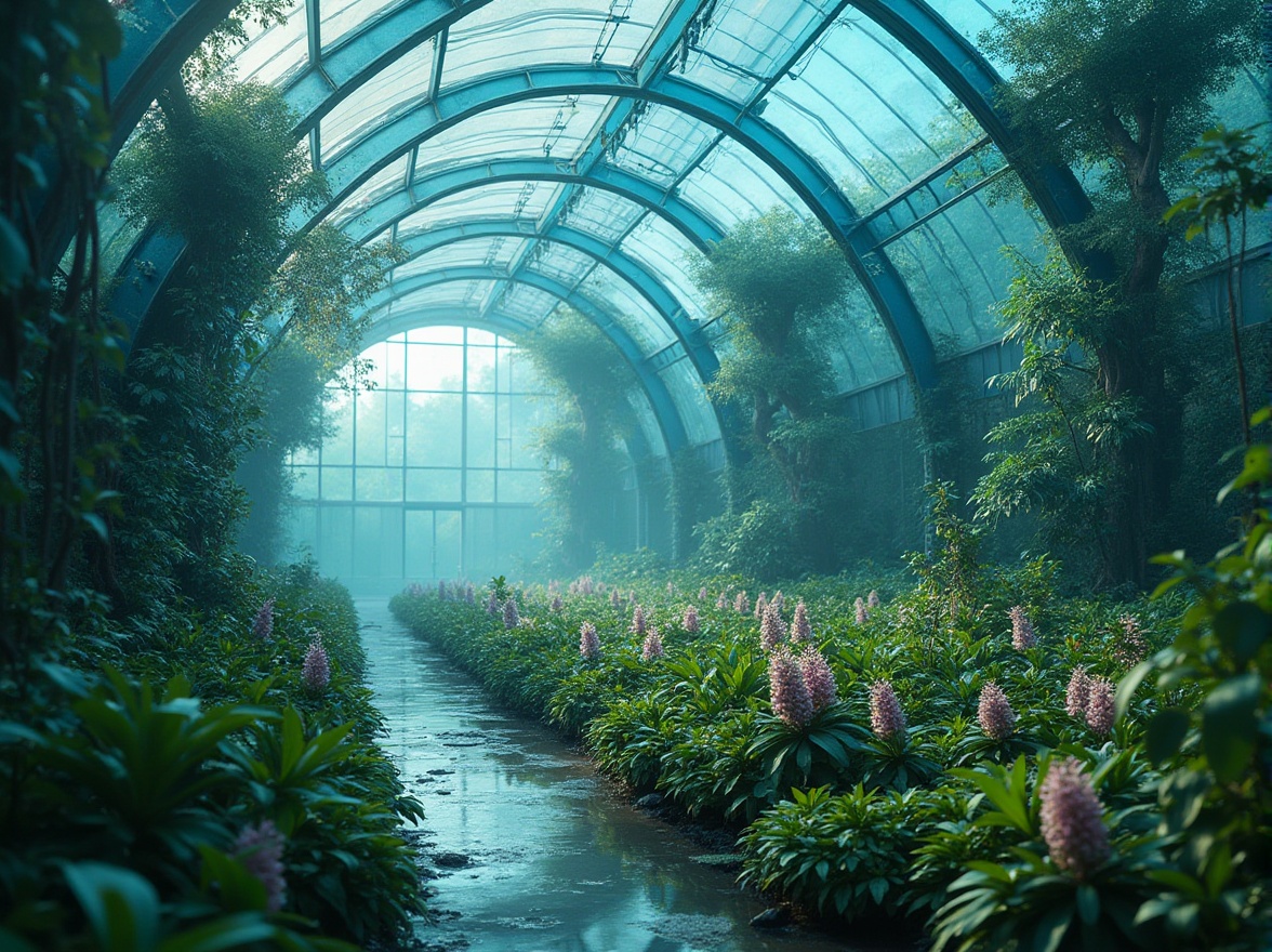 Prompt: Cerulean blue greenhouse, futuristic architecture, transparent glass walls, steel frame structure, lush greenery interior, vines crawling up walls, exotic flowers blooming, misty atmosphere, soft natural lighting, warm ambiance, serene composition, 3/4 angle view, shallow depth of field, blurred background, vibrant color contrast.