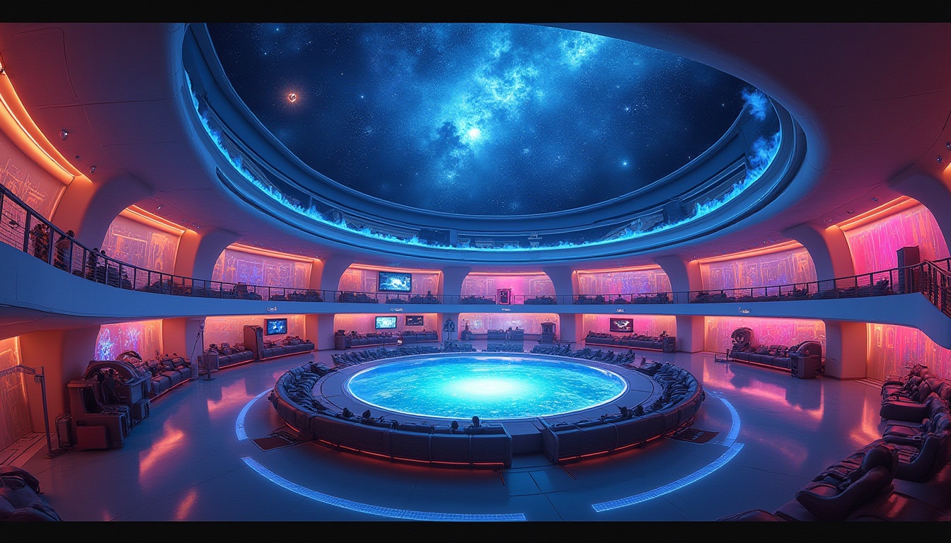 Prompt: Futuristic planetarium, fusion architecture, spherical dome, galaxy-inspired ceiling, neon lights, vibrant colors, ambient glow, modern seating, reclined chairs, interactive exhibits, holographic projections, 3D visualizations, astronomical instruments, observatory, stargazing, evening atmosphere, soft lighting, cinematic composition, panoramic view, 360-degree surroundings.