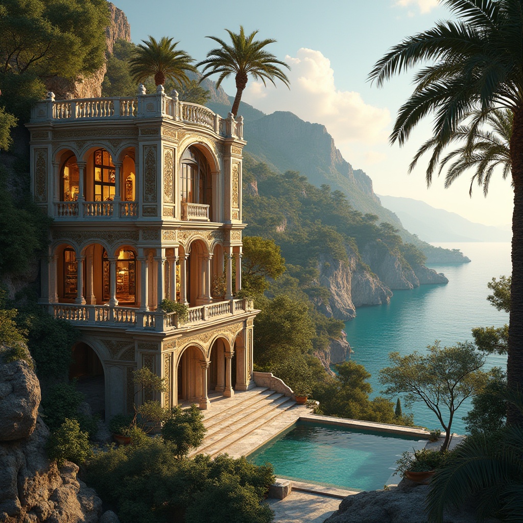 Prompt: Byzantine style housing, luxurious villa, ornate architecture, glass material incorporated, intricately designed windows, stained glass, refracting light, warm ambient lighting, morning sun, Mediterranean coastline, cliffside, overlooking the turquoise sea, lush greenery surrounding, palm trees swaying gently, marble columns, ornate balconies, grand entrance, detailed mosaics, Byzantine patterns, rich textures, cinematic composition, high contrast, dramatic shadows.