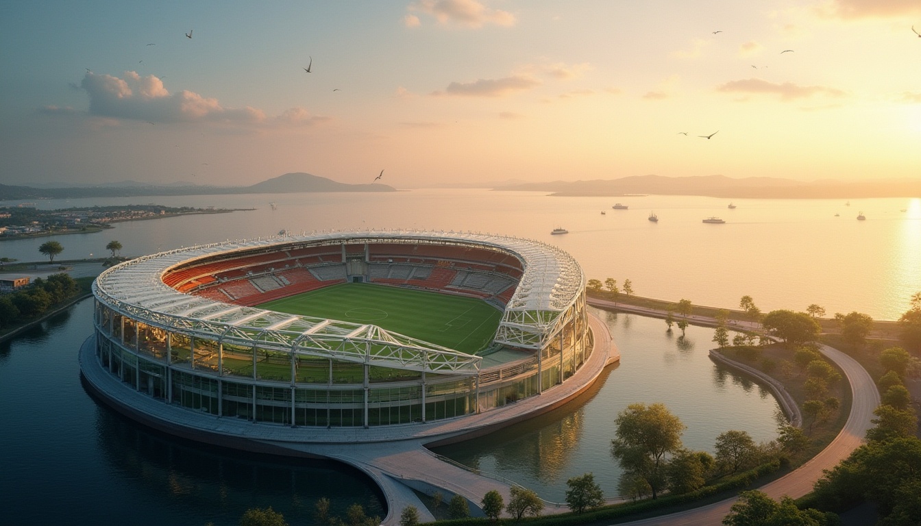 Prompt: Lakefront soccer stadium, modern architecture, curved lines, sleek design, glass facade, steel structure, tiered seating, green roof, lake views, sunset background, golden hour lighting, soft focus, shallow depth of field, 3/4 composition, panoramic view, boats sailing in the distance, seagulls flying overhead, gentle breeze, warm atmosphere, summer evening.