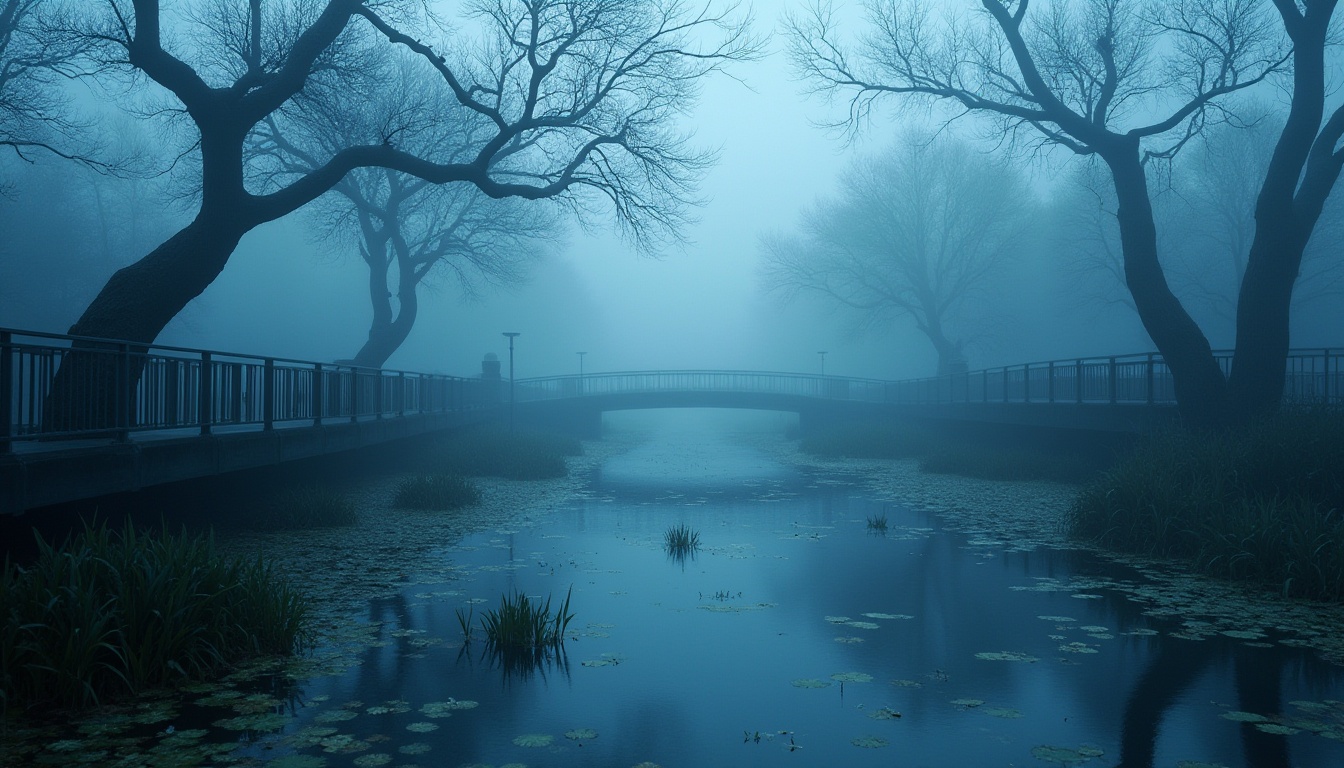 Prompt: Wetland scene, Indigo color palette, mysterious atmosphere, foggy mist, twisted tree branches, murky waters, water lilies, cattails, bold architectural elements, modern wooden bridges, steel railings, minimal lighting, soft focus, shallow depth of field, cinematic composition, 3/4 view, low-angle shot.